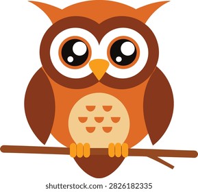 Wise forest owl. Bird on tree branch. Nocturnal predator icon. Brown feathers design. Wild avian mascot. Autumn nature element.