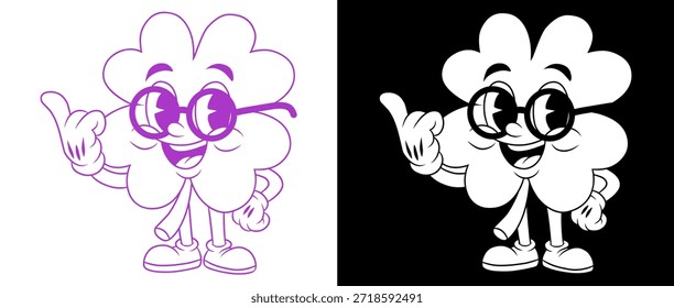 Ilustración de personaje de mascota de trébol de cuatro hojas sabias con gafas en arte de línea púrpura y versión blanca invertida.