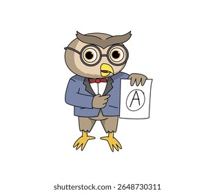 A wise and friendly anthropomorphic owl acts as a school teacher in various classroom situations.