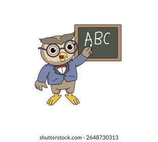 A wise and friendly anthropomorphic owl acts as a school teacher in various classroom situations.