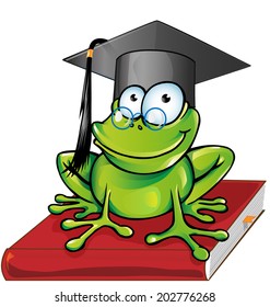 Wise frog cartoon on book