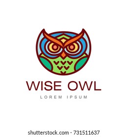 wise hand drawn colored wise owl head closeup . brand logo stylized design silhouette pictogram. Line icon bird isolated illustration on a white background.