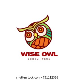 wise hand drawn colored wise owl head closeup . brand logo stylized design silhouette pictogram. Line icon bird isolated illustration on a white background.