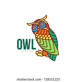wise hand drawn colored sitting wise owl closeup . brand logo stylized design silhouette pictogram. Line icon bird isolated illustration on a white background.