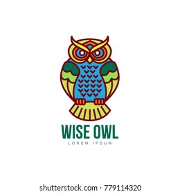 Wise hand drawn colored sitting wise owl closeup front view. Brand logo stylized design silhouette pictogram. Line icon bird isolated illustration on a white background.