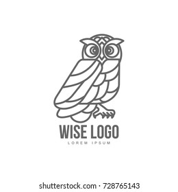 wise hand drawn sitting wise owl brand logo stylized design silhouette pictogram. Line icon bird isolated illustration on a white background.