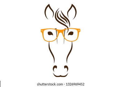 Wise horse head silhouette with orange glasses. Animal face in glasses.