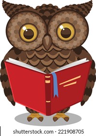 Wise Intelligent Standing Owl Reading a book vector illustration.