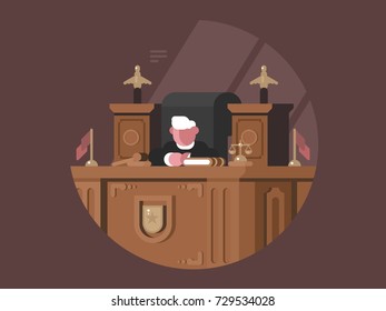 Wise judge in chair at workplace. Justice and Jurisprudence. Vector illustration