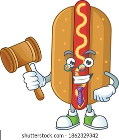 A wise Judge hotdog cartoon mascot design wearing glasses. Vector illustration