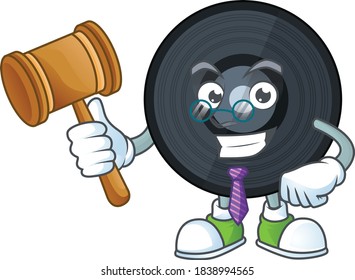 A wise Judge music viynl disc cartoon mascot design wearing glasses. Vector illustration