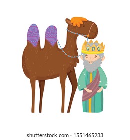 wise king and camel manger nativity, merry christmas vector illustration