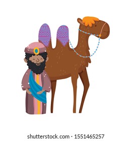 wise king and camel manger nativity, merry christmas vector illustration