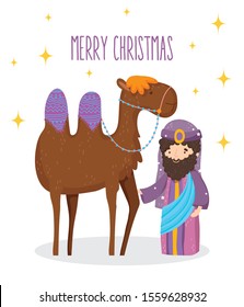 wise king and camel manger nativity, merry christmas vector illustration