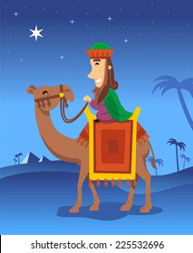 Wise king following the Star of Bethlehem vector cartoon illustration