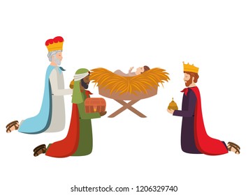 wise kings with jesus baby in straw crable