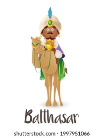 Wise man Balthasar on camel celebrate Epiphany - vector illustration isolated on transparent background