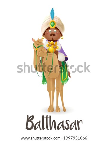 Wise man Balthasar on camel celebrate Epiphany - vector illustration isolated on transparent background