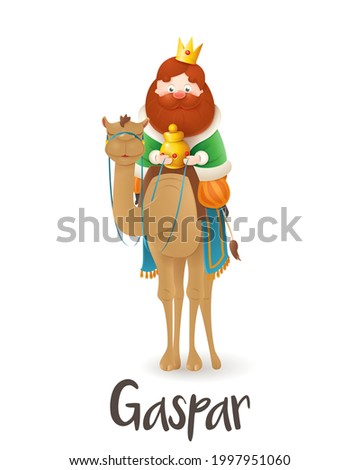 Wise man Gaspar on camel celebrate Epiphany - vector illustration isolated on transparent background