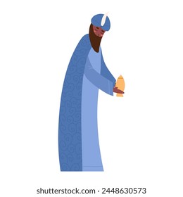 Wise man with golden gift for baby Jesus Christ, cartoon flat vector illustration isolated on white background. King or biblical magi in turban. Nativity scene, Christmas celebration.