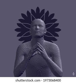 Wise man or guru. Sacral energy flows through prayer body on his way to enlightment. Voxel art. 3D vector illustration.