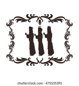 wise man holy family merry christmas frame icon. Black white isolated design. Vector illustration