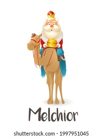 Wise man Melchior on camel celebrate Epiphany - vector illustration isolated on transparent background