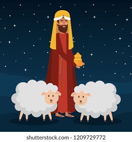 wise man with sheeps on night