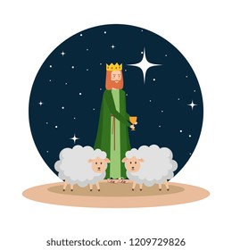 wise man with sheeps on night