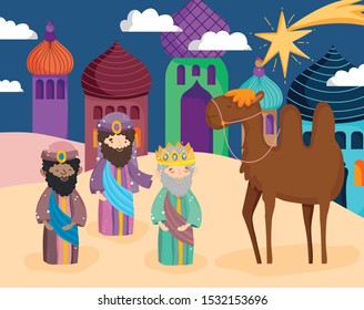 Wise men, camel, star town, desert, nativity. vector illustration.