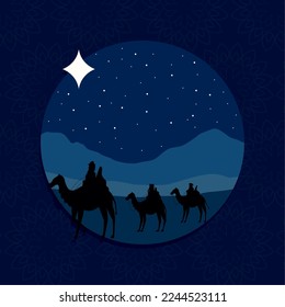 wise men in camels circular frame scene