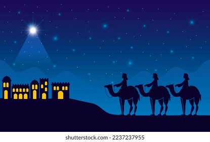 wise men coming to nazareth in the night . vector illustration