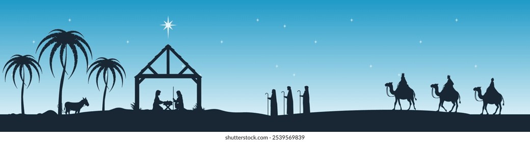 Wise men from the east ride camels in search of the Star of Bethlehem to find the born Jesus Christ. The shepherds also go to the newborn Jesus. 