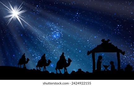 Wise men and jesus on a starry christmas night, vector art illustration.