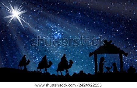 Wise men and jesus on a starry christmas night, vector art illustration.