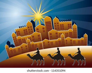 wise men over landscape with buildings. vector illustration