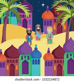 Wise men in town and palm trees. manger nativity. vector illustration.
