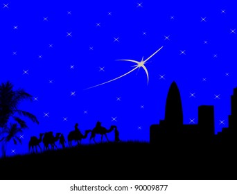 Wise men traveling to Bethlehem, following the star - vector illustration