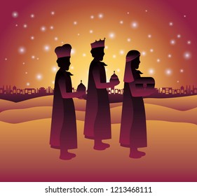 wise men traveling in the desert christmas scene
