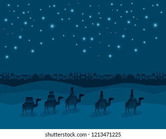 wise men traveling in the desert christmas scene