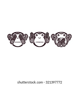 Wise monkeys. Grunge style. Vector illustration.