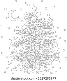 Wise northern owl with large round eyes perched on a snowy fir in a winter forest on a cold frosty night, black and white outline vector cartoon illustration for a coloring book