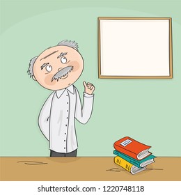 Wise old academic professor teaching in front of the white board. College class or university teacher standing behind the desk in the classroom. Copy space for your text. 