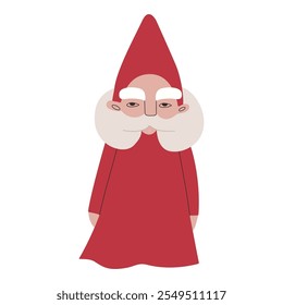 A wise old dwarf wizard with bushy sideburns wearing a red robe and a pointed hat. Vector illustration for packaging, greeting cards and wrapping paper, gifts, posters