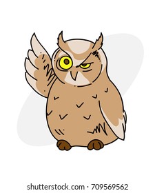 Wise old owl cartoon hand drawn image. Original colorful artwork, comic childish style drawing.