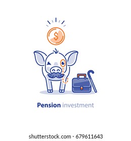 Viejo cerdo sabio con bigote y moneda, ilustración vectorial de la inversión financiera, tiempo es dinero, ahorro de pensiones, concepto de fondo de pensiones