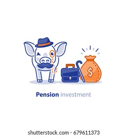 Wise old pig with mustache and hat, financial investment vector illustration, time is money, pension savings, superannuation fund concept