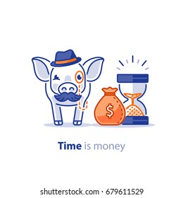Wise old pig with mustache and hat, financial investment vector illustration, time is money, pension savings, superannuation fund concept