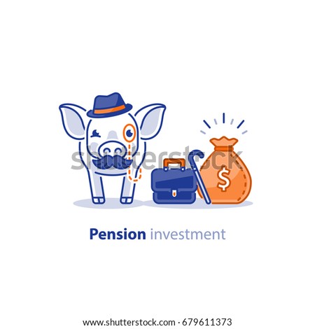 Wise old pig with mustache and hat, financial investment vector illustration, time is money, pension savings, superannuation fund concept