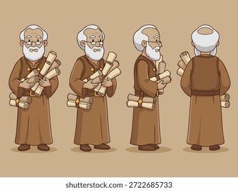 Un viejo y sabio erudito con barba y gafas, representado desde múltiples ángulos, sosteniendo una pila de pergaminos antiguos.
